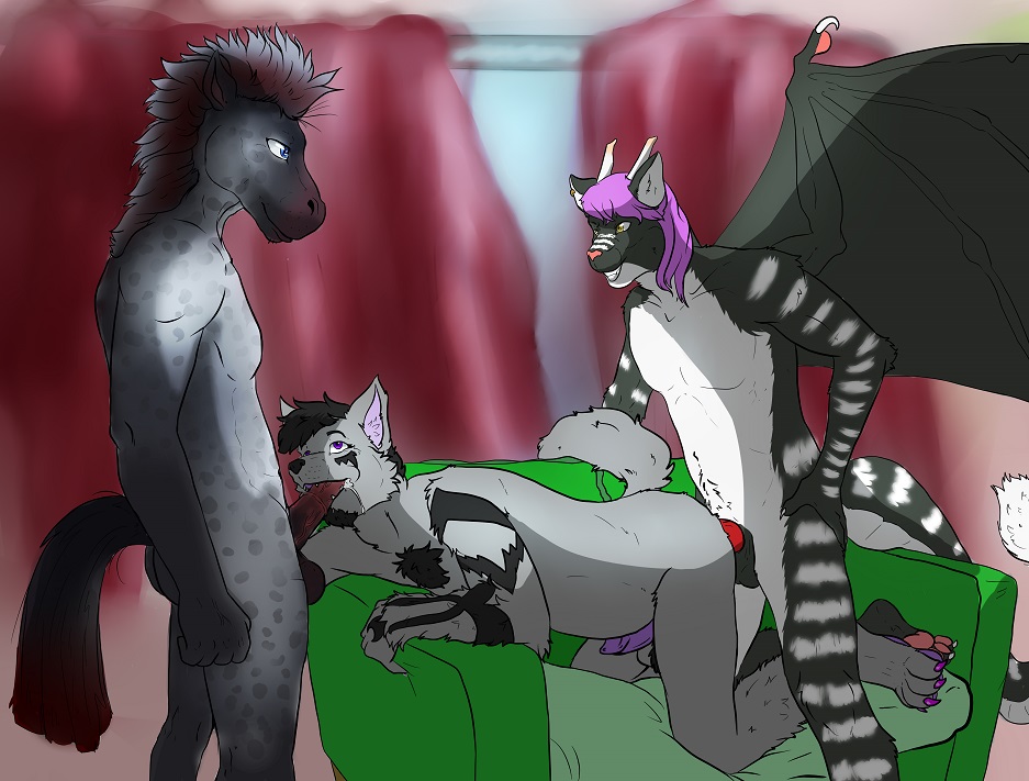 anal oral sex gay threesome wolf horse equine hybrid tabby-twogon ych wings